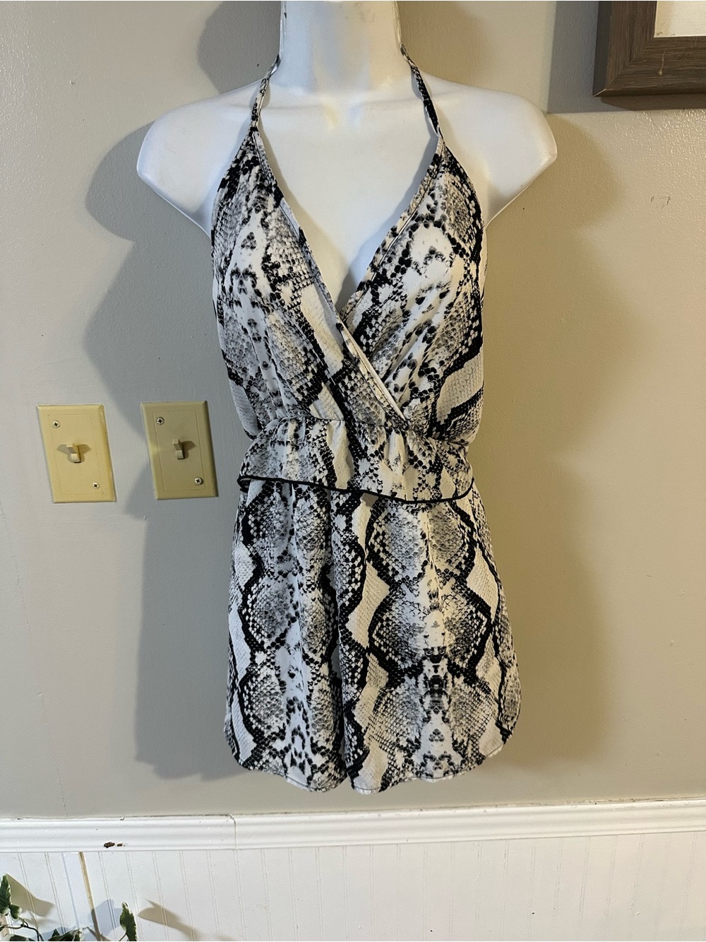 Peach Love California Black and White Snake Print Halter Romper